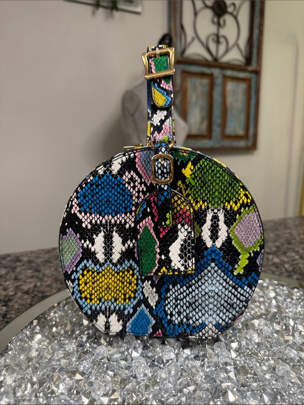 Multicolor Python-Print Round Wristlet mini Bag EUC